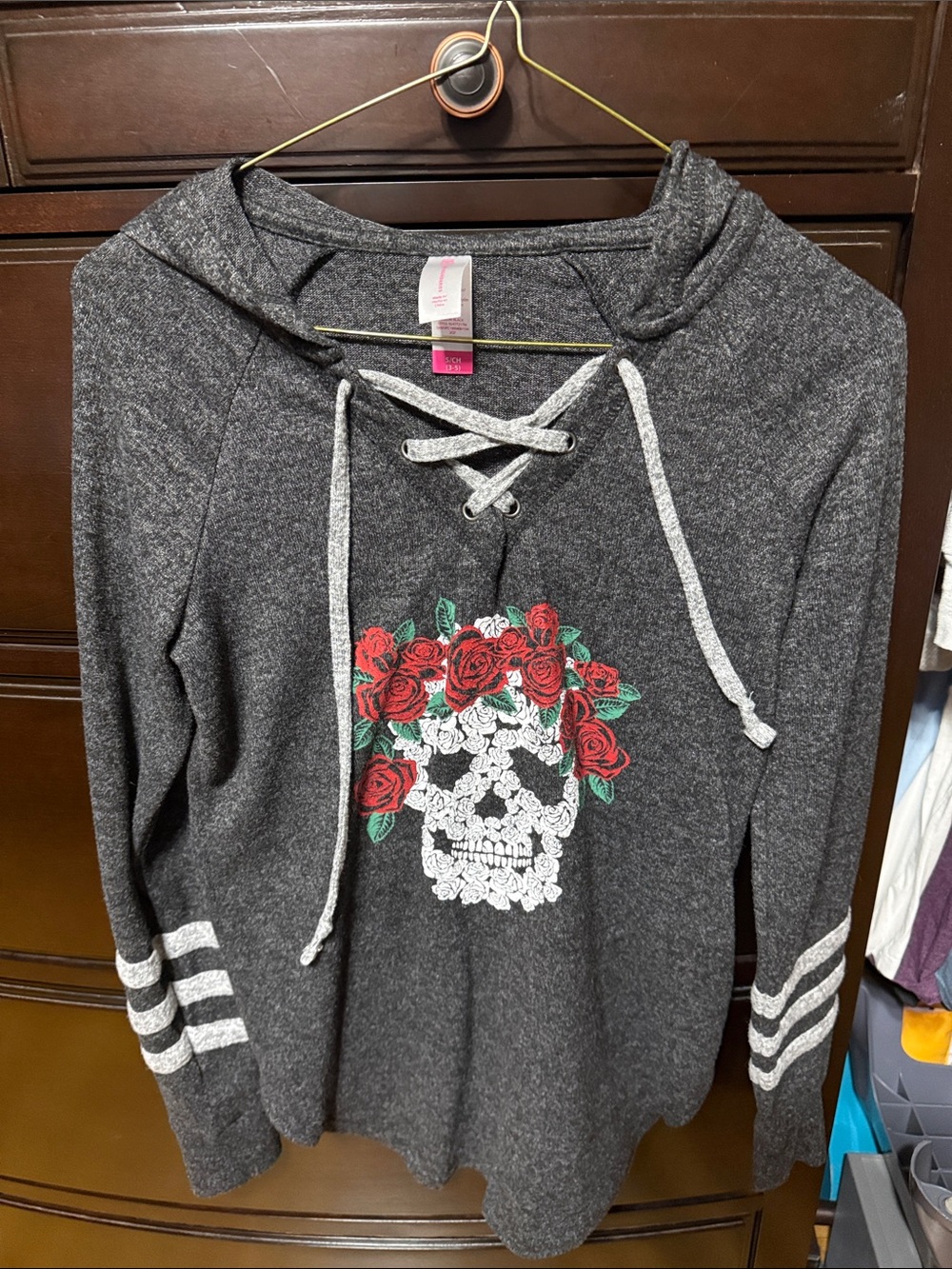 No Boundaries Charcoal Gray Lace-Up Hoodie with Red Rose Skull